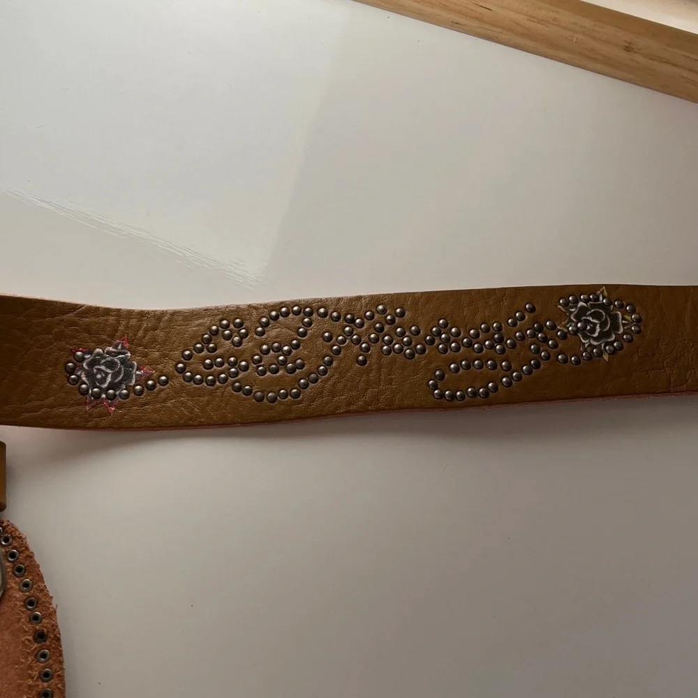 Ed Hardy Leather Belt Yellow Rose Tattoo Buckle Adjustable Size L Vintage Style